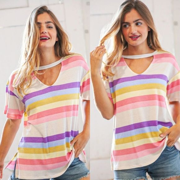Pink Multi Color Stripe Key Hole Top - Picture 1 of 5
